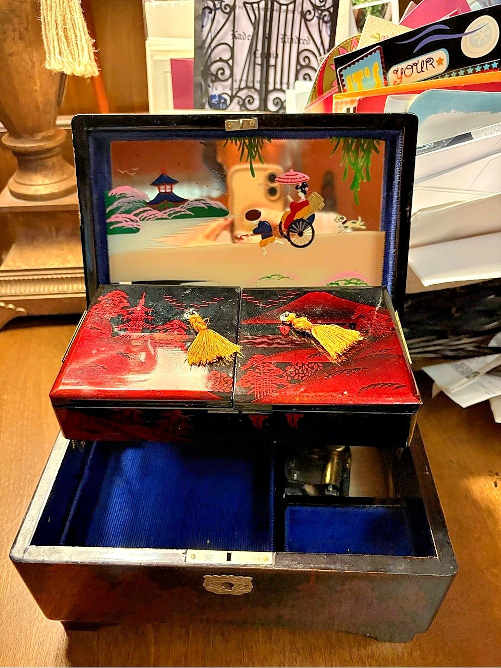 Vintage Japanese-Style Jewelry Box in Black & Red with lock and key .